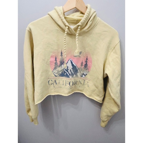 Hollister California Yosemite Valley Cropped Hoodie Yellow Graphic Sweatshirt S - Picture 4 of 4